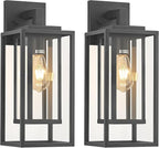 18" Outdoor Wall Light Fixtures Waterproofed Exterior Lantern W/Sturdy Rectangular Double Cage In Satin Black&Clear Tempered Glass,Sconce Mounted For House Patio,Front door,Porch,Garage Lighting 2Pack