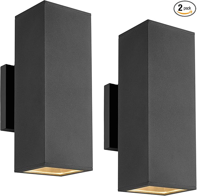 harriet Porch Lights Outdoor Modern - IP64 Waterproof Aluminum and Tempered Glass Cover, 13" Rectangular Up/Down Wall Sconce for Porch, Garage & Patio, Exterior Lighting, Black, 2 Pack