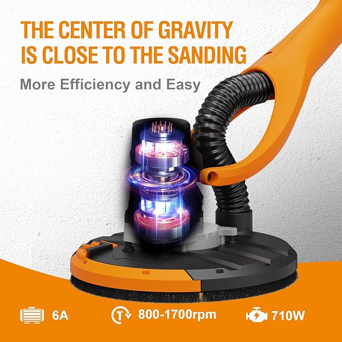 MAXXT Drywall Sander, Lightweight Popcorn Ceiling Removal Tool, 5 Variable Speed Foldable Telescopic Electric Drywall Sander, 800-1700RPM Vertical Power Ceiling Sander With 6pcs SandPapers, Bag