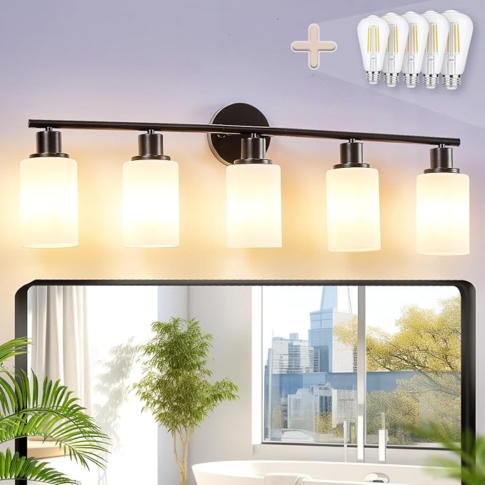 DLLT 5-Light Bathroom Light Fixtures: Black Modern Vanity Lights with E26 Bulbs - Milky White Glass Shade Bathroom Wall Lamp for Mirror Kitchen Living Room Hallway Cabinet Porch