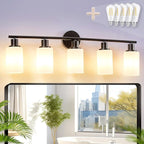 DLLT 5-Light Bathroom Light Fixtures: Black Modern Vanity Lights with E26 Bulbs - Milky White Glass Shade Bathroom Wall Lamp for Mirror Kitchen Living Room Hallway Cabinet Porch