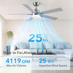 52 Inch Ceiling Fans with Lights and Remote, Brushed Nickel Ceiling Fan, 6 Speed Reversible DC Motor, 3CCT Dimmable LED, Modern Design for Bedroom, Living room & Covered Outdoor,Includes Downrod