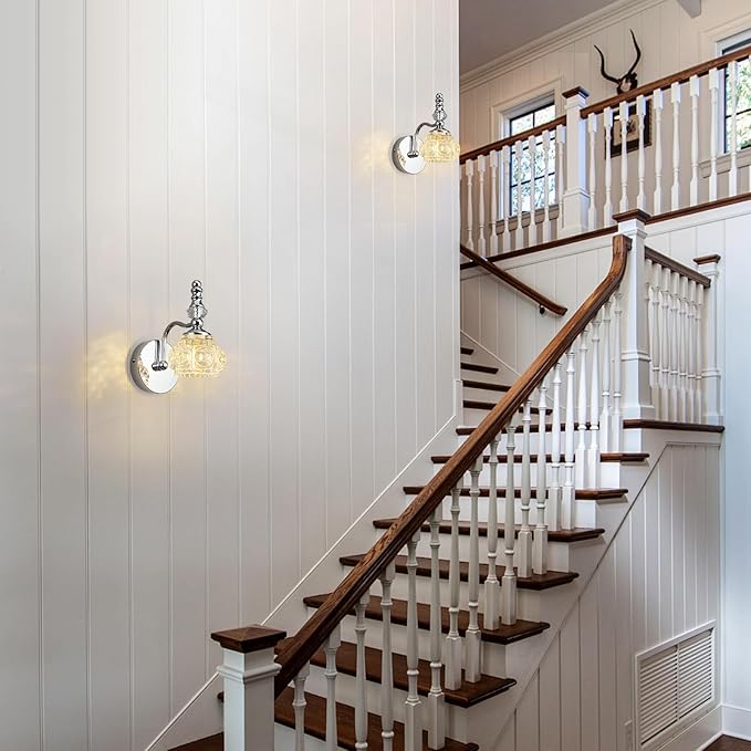 Modern Wall Sconces Set of Two Indoor Lamp Chrome Vintage Glass Light Bathroom Vanity Fixture Wall-Mounted Room Lighting