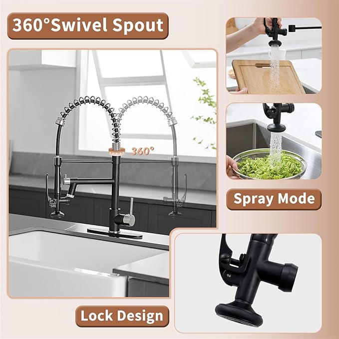 Fapully Kitchen Faucet, Black&Brushed Nickel Kitchen Faucet with Pull Down Sprayer, Commercial Kitchen Faucets with LED Light and Deck Plate