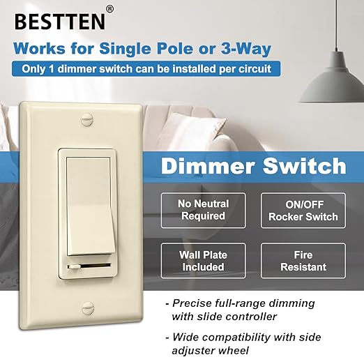 BESTTEN 2 Pack Almond Dimmer Wall Light Switch, Compatible with Dimmable LED, CFL, Incandescent and Halogen Bulb, Single Pole or 3-Way Dimmer Switches, 120VAC, Decorator Wall Plate Included,