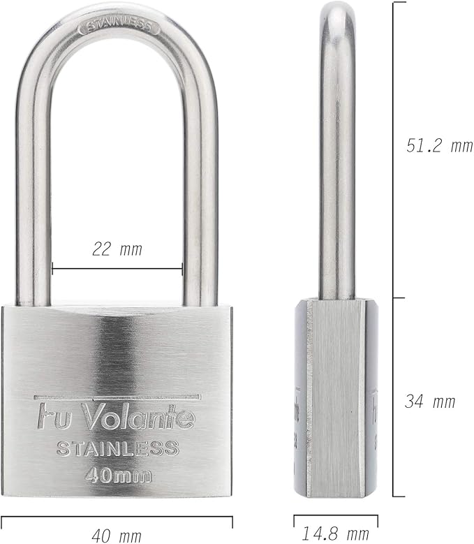 Stainless Steel Padlock, 304 Marine Series, Weatherproof & Rustproof Padlock for Outdoor use, 1-9/16 inch Wide, Long Shackle, Stainless Steel Body & Shackle