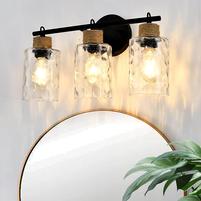 3-Light Bathroom Light Fixtures, Coastal Vanity Lights with Crystal Glass Shade, Black Bathroom Wall Lamp for Mirror Kitchen Hallway Bedroom