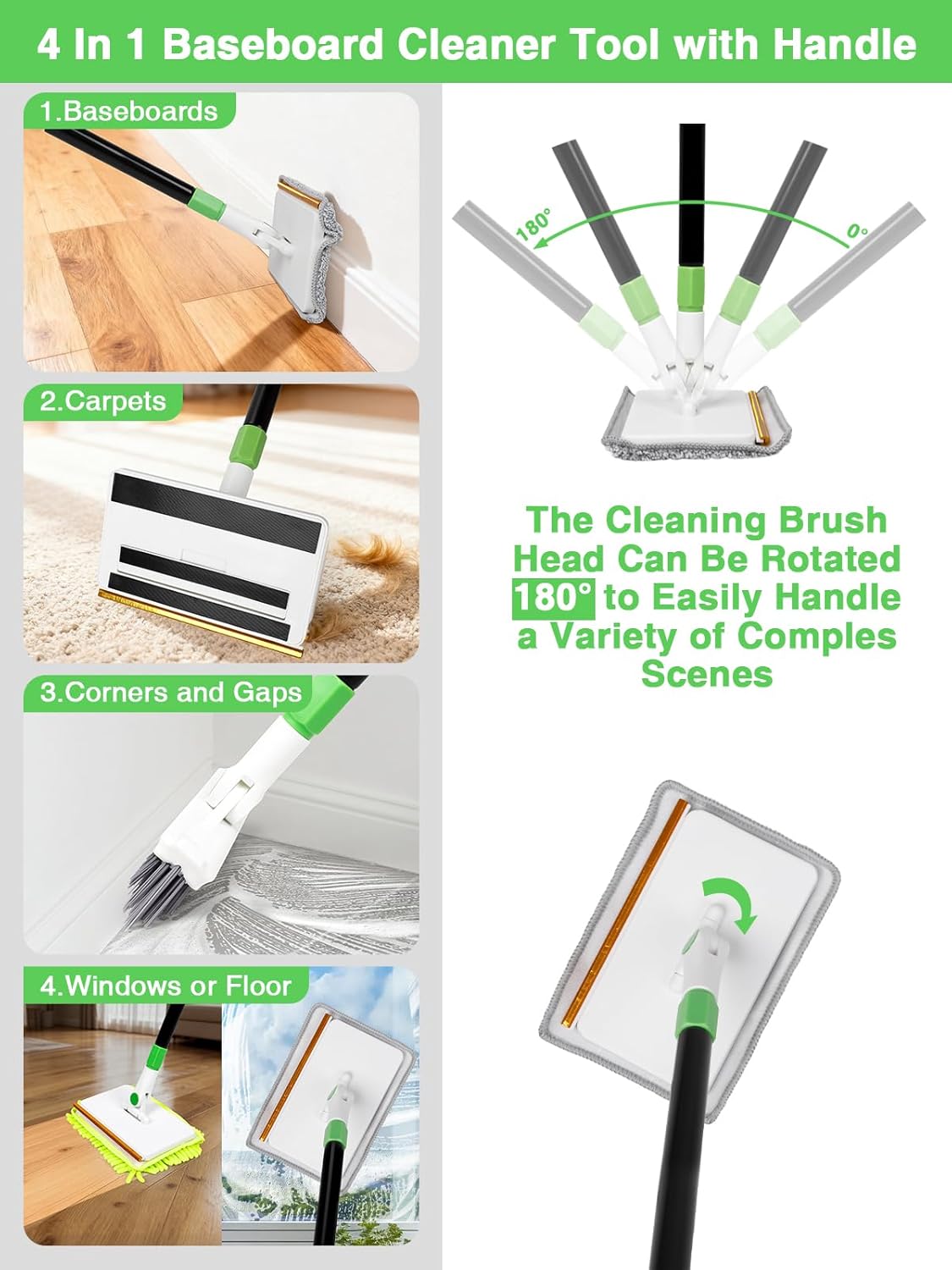 4-in-1 Baseboard Cleaning Tool with Extension Handle Baseboard Cleaning Brush 5 Reusable Pads 1 Stiff Bristle Brush Carpet Rake for Cleaning Baseboards Carpets Windows Walls Floors Bathrooms Kitchen