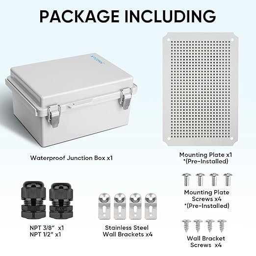 TICONN Waterproof Electrical Junction Box IP67 ABS Plastic Enclosure with Hinged Cover with Mounting Plate, Wall Brackets, Cable Glands (Off-White, 11"x7.5"x5.5")