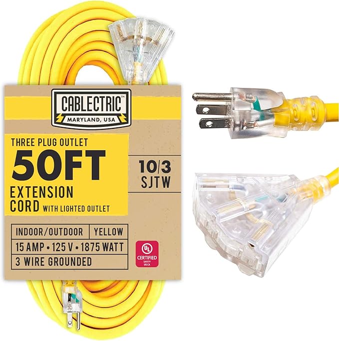 50 Ft Outdoor Extension Cord with 3 Power Outlets - 15 Amp 10/3 SJTW Heavy Duty Yellow 10 Gauge Lighted Electrical Cable with 3 Prong Grounded Plug