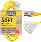 50 Ft Outdoor Extension Cord with 3 Power Outlets - 15 Amp 10/3 SJTW Heavy Duty Yellow 10 Gauge Lighted Electrical Cable with 3 Prong Grounded Plug