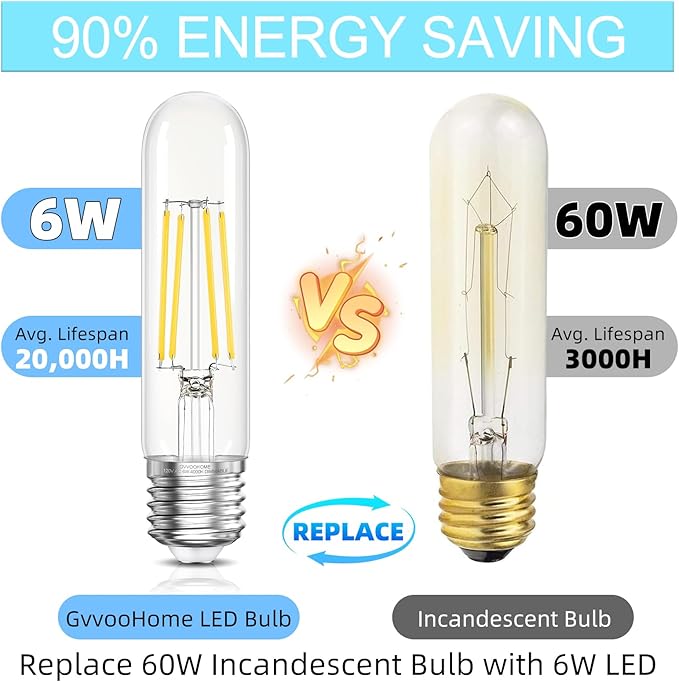 Tubular LED Edison Bulb Dimmable 4000K Neutral White, 6W, 60 watt Equivalent, E26 LED Light Bulbs, T10 Edison Bulbs for Chandeliers, Ceiling Fan, 90+CRI 600LM, 6 Pack