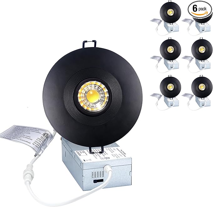 Premium Canless Recessed Gimbal Downlight Rotatable-Spotlight 5 CCT 4 Inch Eyeball Ceilling Potlight, Dimmable Lights Fixture with Junction Box, 8W Black Round Trim, with Baffle, 6P