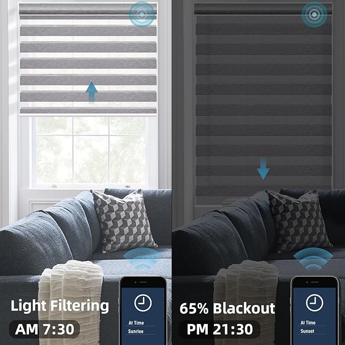 SmartWings Motorized Zebra Shades Work with HomeKit, Alexa, Google Home, 60% Blackout Light Filtering Day Night Sheer Blinds, Privacy Light Control, for Home/Office, Customized, Grey