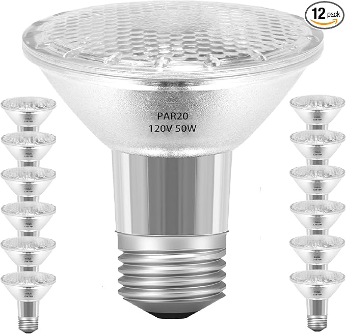 Par20 Halogen Floodlight Bulb 120V 50W, Par20 Flood Bulb 50 Watt 120V, 12 Pack Dimmable Reflector Par20/FL25 Halogen Bulb Warm White 2800K E26 Base for Recessed Can 4-in,Hood Range Light Bulbs