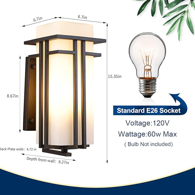 Large Outdoor Wall Lights 15.35" H x 6.7" W, Waterproof Wall Lantern Exterior Light Fixture for Entryways Yards Garage Front Porch, Metal Frame with Frosted Glass, Black (Large)