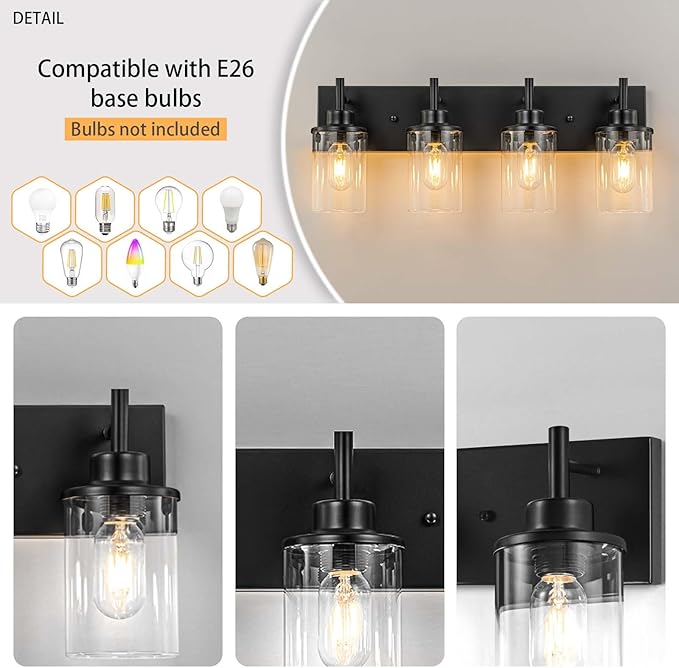GoYeel Bathroom Light Fixtures Over Mirror, Matte Black Vanity Light 4 Light Wall Sconce Lighting Indoor Farmhouse Bathroom Lamp with Clear Glass Shade for Bedroom Living Room Hallway Kitchen