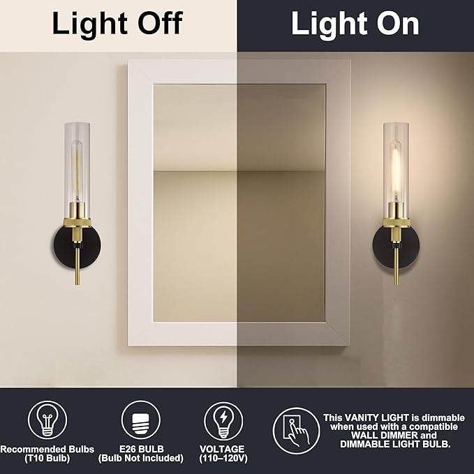 Black and Gold Bathroom Light Fixtures Over Mirror, Wall Sconces Set of 2 with Knurled Texture, Modern Industrial Vanity Lights with Clear Glass Tube Shade, Matte Black and Gold Wall Lamps for Bedroom