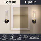 Black and Gold Bathroom Light Fixtures Over Mirror, Wall Sconces Set of 2 with Knurled Texture, Modern Industrial Vanity Lights with Clear Glass Tube Shade, Matte Black and Gold Wall Lamps for Bedroom