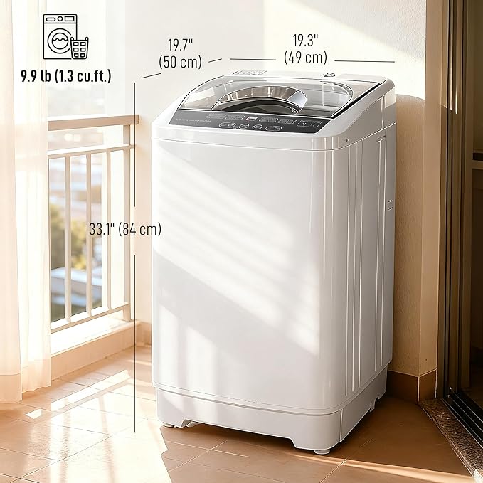 HOMCOM Portable Washing Machine, 1.3 Cu. Ft. Compact Washer with 8 Programs, 6 Water Levels, LED Display and Child Lock, 9.9 lb Full Automatic Washing Machine for Apartments, Dorms and RVs, White