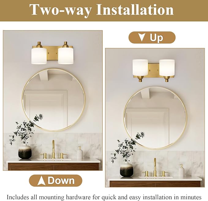 Stainless Steel Milk Glass Vanity Lights for Bathroom, 2 Light Gold Bathroom Light Fixtures Over Mirror, Ceramic E26 Sockets Wall Mounted