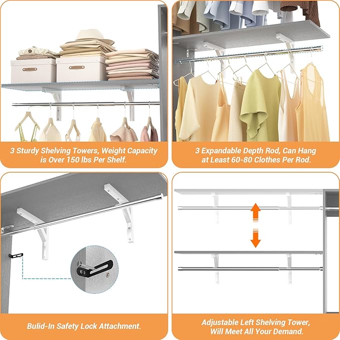 Armocity 96'' Closet System, 8FT Walk In Closet Organizer with 3 Shelving Towers, Heavy Duty Bedroom Wardrobe with 5 Shelves, Wall Mounted Clothes Rack (Can Be Cut To Fit), 96"L x 16"W x 75"H, Grey