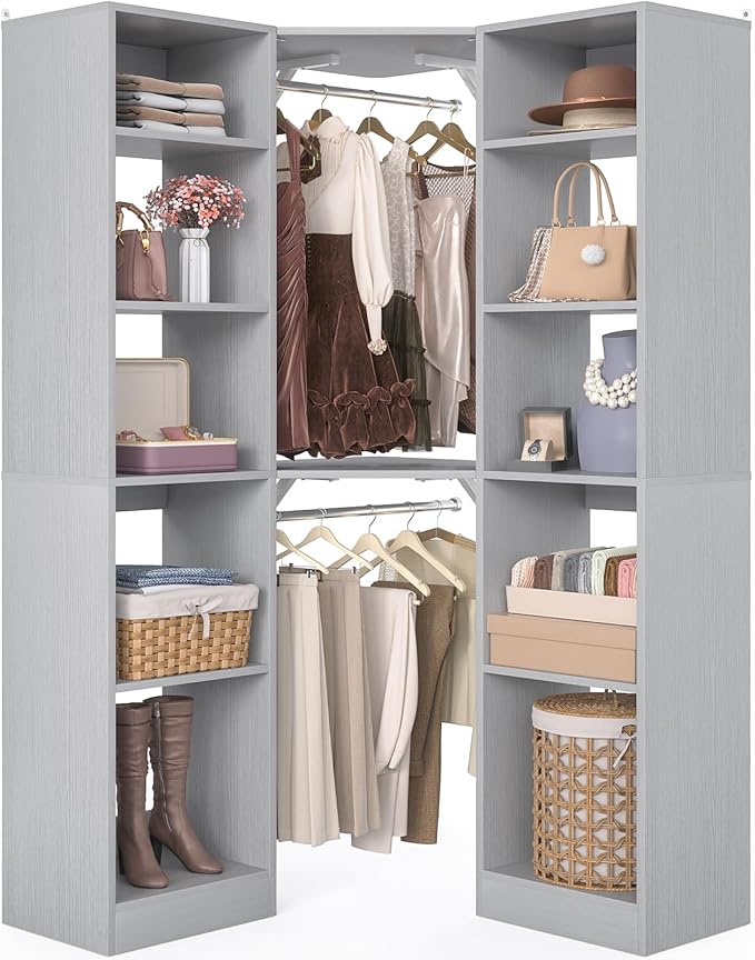 Corner Closet System with 12 Shelves, 39.2" Corner Closet Organizer System with 2 Hanging Rods, Versatile 6-Tier Walk-in Closets for Corner Space, Grey (39.2" L x 39.2" W x 80" H)