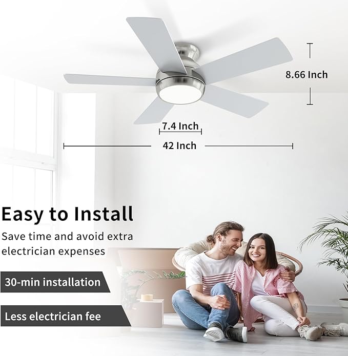 42 Inch Brushed Nickel Ceiling Fans with Lights and Remote, LED Low Profile Flush Mount Ceiling Fan for Bedroom, Living Room, Patio, Quiet DC Motor, 5 Blades
