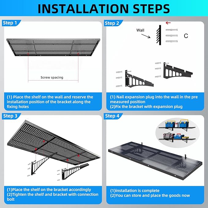 2-Pack 1.64x4ft Heavy Duty Adjustable Garage Wall Shelving, 520 lbs Load Capacity, Garage Shelving Wall Mounted, Floating Storage Rack with Hooks (Balck)