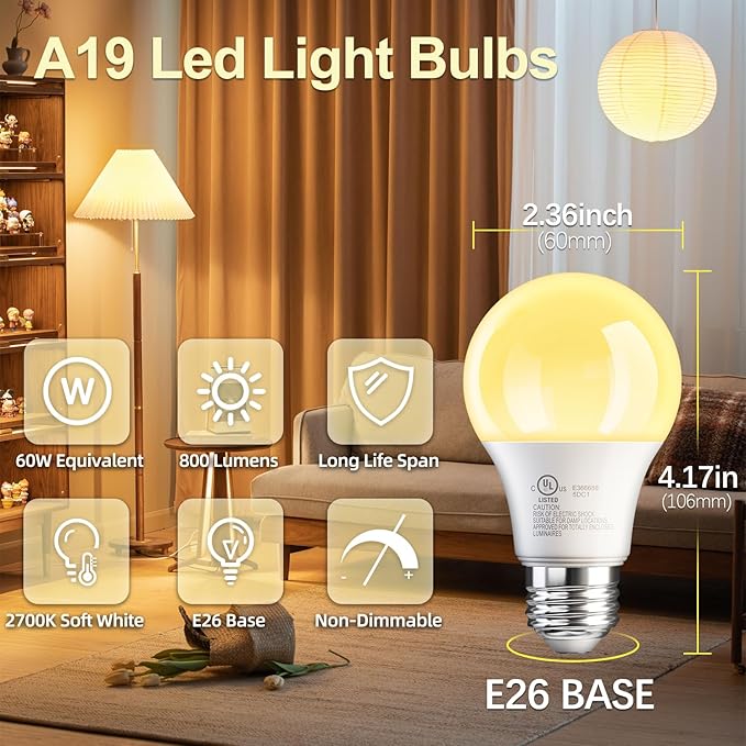 TJOY 24 Pack A19 LED Light Bulbs Soft Warm White 2700K, 60 Watt Equivalent, Efficient 9W, E26 Standard Base, Non Dimmable Energy Saving Warm Light Lamp Bulb, 800LM 120V, for Home, Bedroom, Living Room