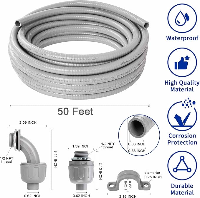 (1/2" Dia * 50 Feet) Yariwiz Flexible Electrical Conduit Liquid Tight PVC Conduit Kit with 5 PCS Coupling, 3 PCS Elbow and 10 PCS Strap, Sealtight Seal Flex Liquidtight Wire Outdoor Non Metallic Grey