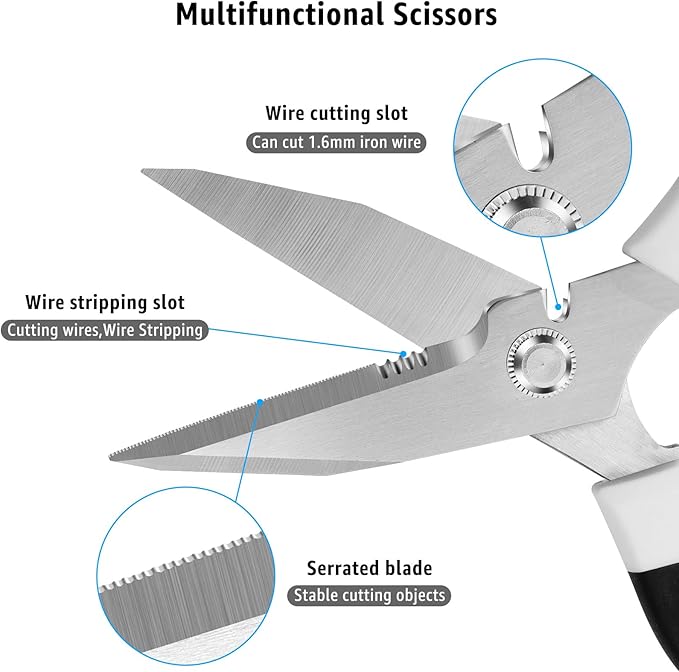 8-Inch Heavy Duty Utility Scissors All Purpose, Serrated Blade, White Comfort Grip for Cutting Carpet, Cardboard, Leather, Fabric, Multipurpose Sharp Shears for Kitchen, Garden, Office, Carft