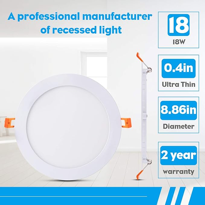 8 Inch LED Recessed Light with Junction Box, 6 Pack Ultra Thin LED Recessed Lighting.6000K Daylight, No Dimmable,18W 8" Recessed Ceiling Canless Wafer Downlight.Slim Can-Killer Lights,CRI80+