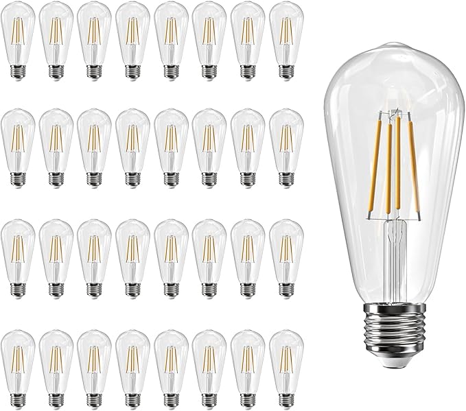 Jensense Edison LED Light Bulbs 8Watt Dimmable, 2700K Warm White, E26 Base, 60watt Equivalent, Vintage Bulbs 800lm CRI 90 Clear Glass, 32 Pack