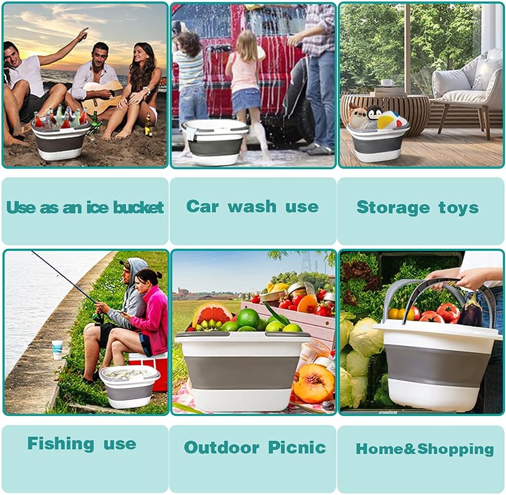 4.2 Gal(16L) Large Collapsible Plastic Bucket with Handle for House Cleaning, Space Saving Outdoor Multiuse Foldable Water Pail/Sink for Camping,Fishing,Ice(Grey)