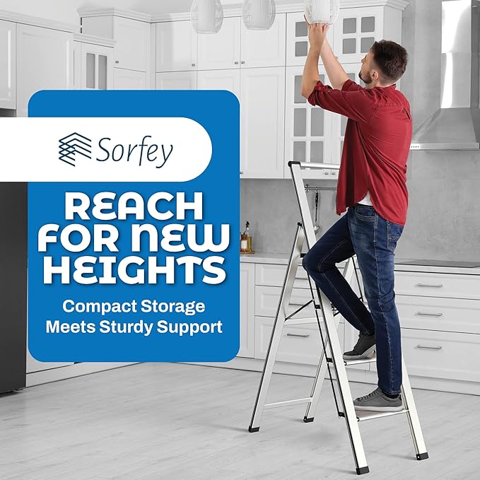 Step Ladder 4 Step Folding, Decorative - Beautiful Gray Wood & Silver Aluminum, Ultra Slim Profile, Anti Slip Steps, Sturdy-Portable for Home, Office, Kitchen, Photography Use,by SORFEY