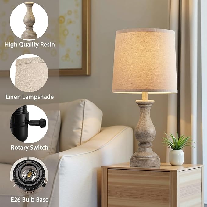 Seealle Farmhouse Table Lamps Set of 2 - Rustic Lamp for Bedroom Living Room, 22" Boho Bedside Lamps for Night Stands End Table Office Desk Lamp Nightstand with Linen Shades(Wood Painted)