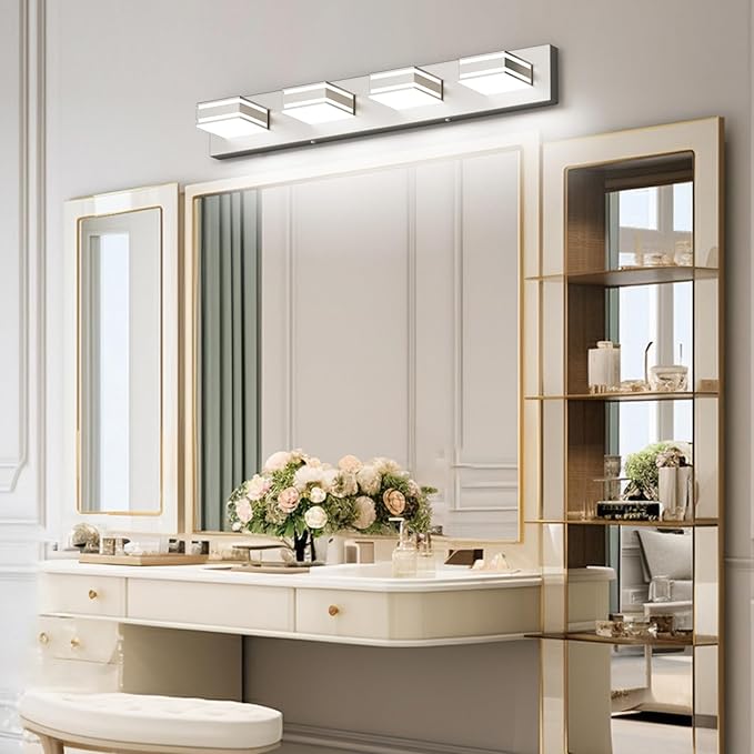 Ralbay 30inch Brushed Nickel Vanity Light for Bathroom 4-Light Metal Acrylic Modern LED Bathroom Light Fixtures