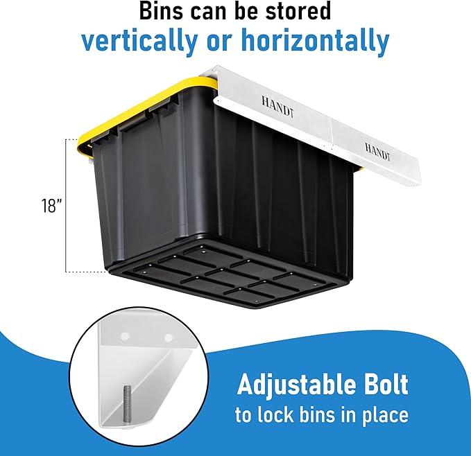 HandT USA Based Overhead Garage Storage Rack, Ceiling Tote Bin Organization Rails Shelving Racks System, Heavy Duty Hanging Metal Rack Systems for 27 Gallon Container, Supports Most Bins, 4 Sets White