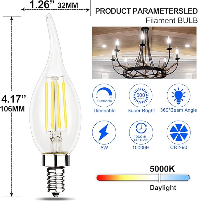 Energetic 24 Pack Dimmable Candelabra Led Light Bulb, CA10 Shape,Flame Tip Style, 60 Watt Equivalent, 500LM 5000K Daylight, E12 Base, LED Candelabra Bulb,CRI 90+, UL Listed, for Decoration