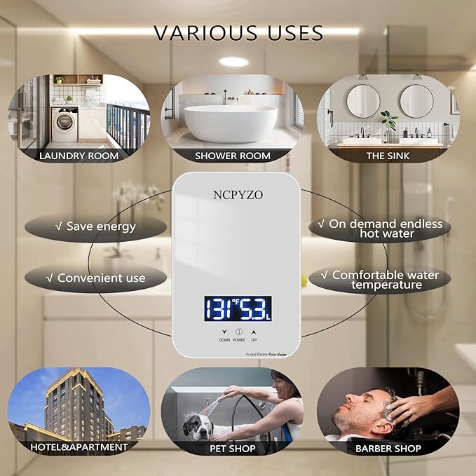 Instant Electric Water Heater 240V 6500W. Tankless Water Heater Electric for Kitchen、Bathroom、Under Sink.On Demand Hot Water Heaters with Self Modulating Technology.Energy Efficient&Easy Installation.