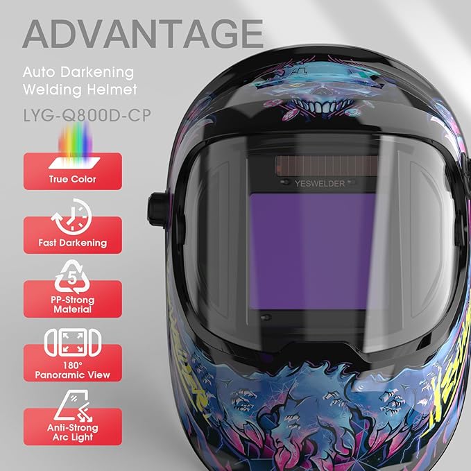 YESWELDER Auto Darkening Welding Helmet with SIDE VIEW, 180° Panoramic View, 1/1/1/1 True Color Solar Powered Welder Hood, Wide Shade 4/5-9/9-13 Welder Mask for TIG MIG ARC CUT and GRIND, LYG-Q800D