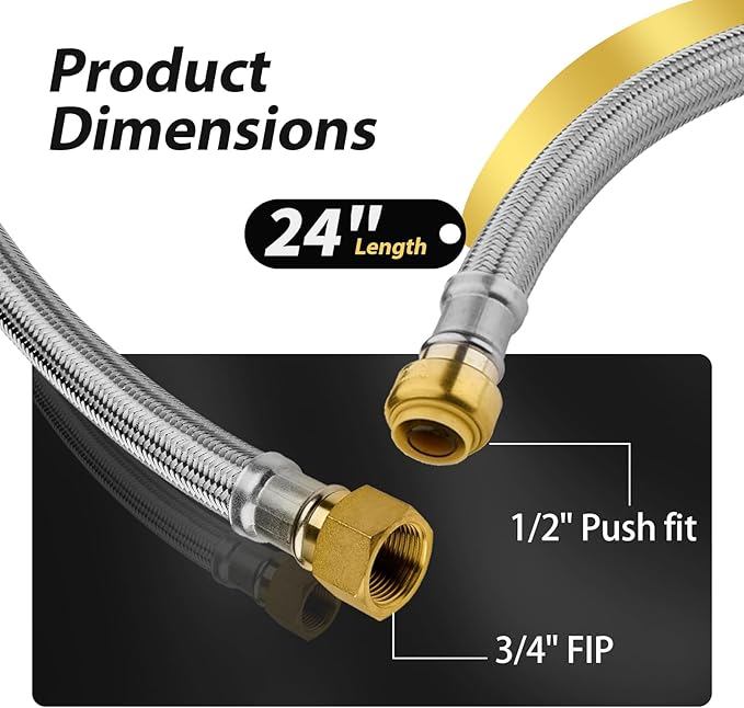 30 Pack Foskan 24-Inch Flexible Water Heater Connector Hose,with 1/2" Push-Fit x 3/4" FIP,Compatible with Copper, PEX, CPVC, and PE-RT Pipes for Water and Heating Use（24" Length）