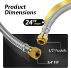 2 Pack Foskan 24-Inch Flexible Water Heater Connector Hose,with 1/2" Push-Fit x 3/4" FIP,Compatible with Copper, PEX, CPVC, and PE-RT Pipes for Water and Heating Use（24" Length）
