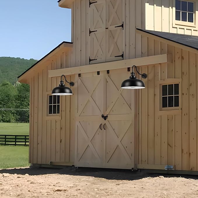 Outdoor Gooseneck Barn Light,16 Inch Dome Outdoor Wall Sconce Farmhouse Exterior Wall Mount Light Vintage Wall Lighting Fixture Industrial Black Wall Lantern for Porch, Entryway, Garage, 3 Pack