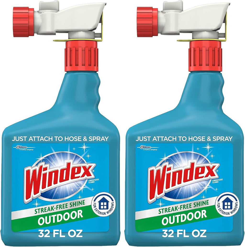 Windex Outdoor Window and Glass Cleaner for Hose Ammonia Free, Concentrated Formula for Deep Outdoor Clean, Patio Cleaner, Compatible With All Hoses, 32 Fl Oz (Pack of 2)