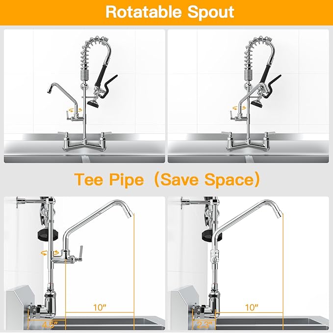 Commercial Sink Faucet with Sprayer 25" Height 8" Adjustable Center 10" Swing Spout,Brass Constructed Wall Mount Commercial Faucet with Pull Down Pre-Rinse Sprayer for 1/2 Compartment Sink（25"）
