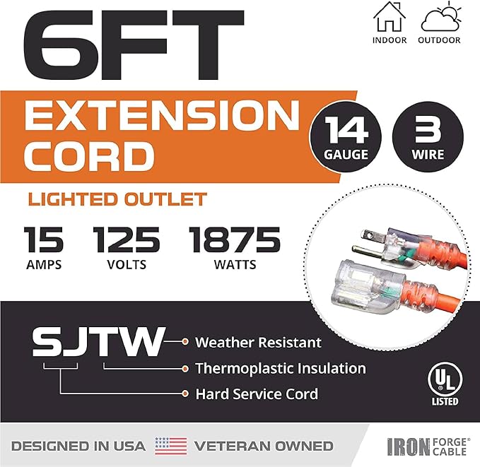 Iron Forge Cable Weatherproof 6 Ft Outdoor Extension Cord - 14/3 SJTW 15 Amp Heavy Duty Orange Extension Cord 3 Prong - Lighted End