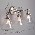 Phansthy 3-Light Wall Sconces Antique Brass Vanity Light, Industrial Wall Lamps with On Off Switch and Clear Glass Lampshade, Vintage Wall Lighting for Bathroom Living Room (Brushed, Cone Shade)