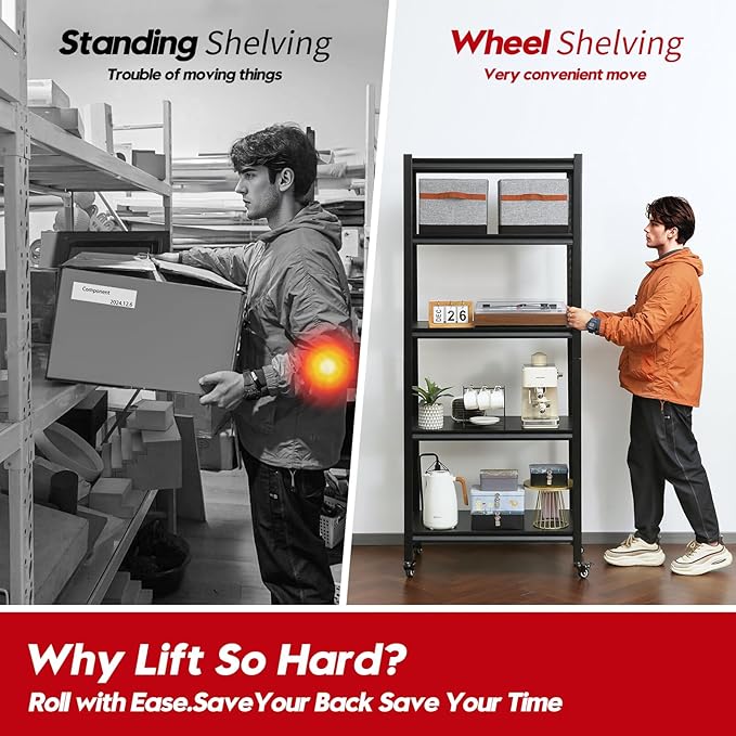 Kitchen Shelving with Lockable Wheels - 5-Tier Space-Saving Metal Shelves 72" H X 31.5" W X 17" D, Heavy Duty Adjustable Storage Shelf for Living Room/Home Office/Pantry